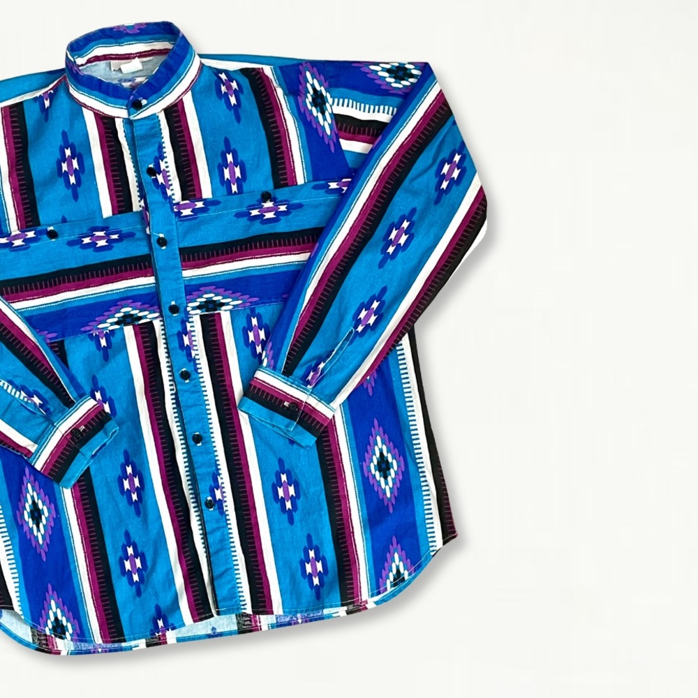 Vintage 90s Retro Southwestern Pattern Striped Western Button Down Shirt - Picture 7 of 15